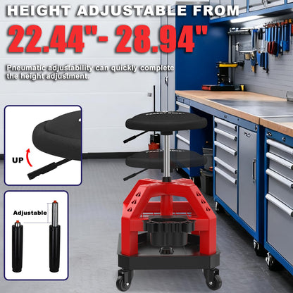 FREEKYROCK Rolling Shop Stool with Wheels, Heavy Duty Garage Work Mechanic Stool, Adjustable Height 22.44"-28.94", 360°Swivel Rolling Chair with Tool Tray Storage, 330 LBS Capacity, Red