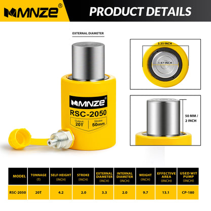 MMNZE 20T 2" Stroke Hydraulic Cylinder Jack Sets Porta Power Ram Jack Kits Single Acting Lifting Cylinder Retract Automatically with CP-180 Hydraulic Hand Pump