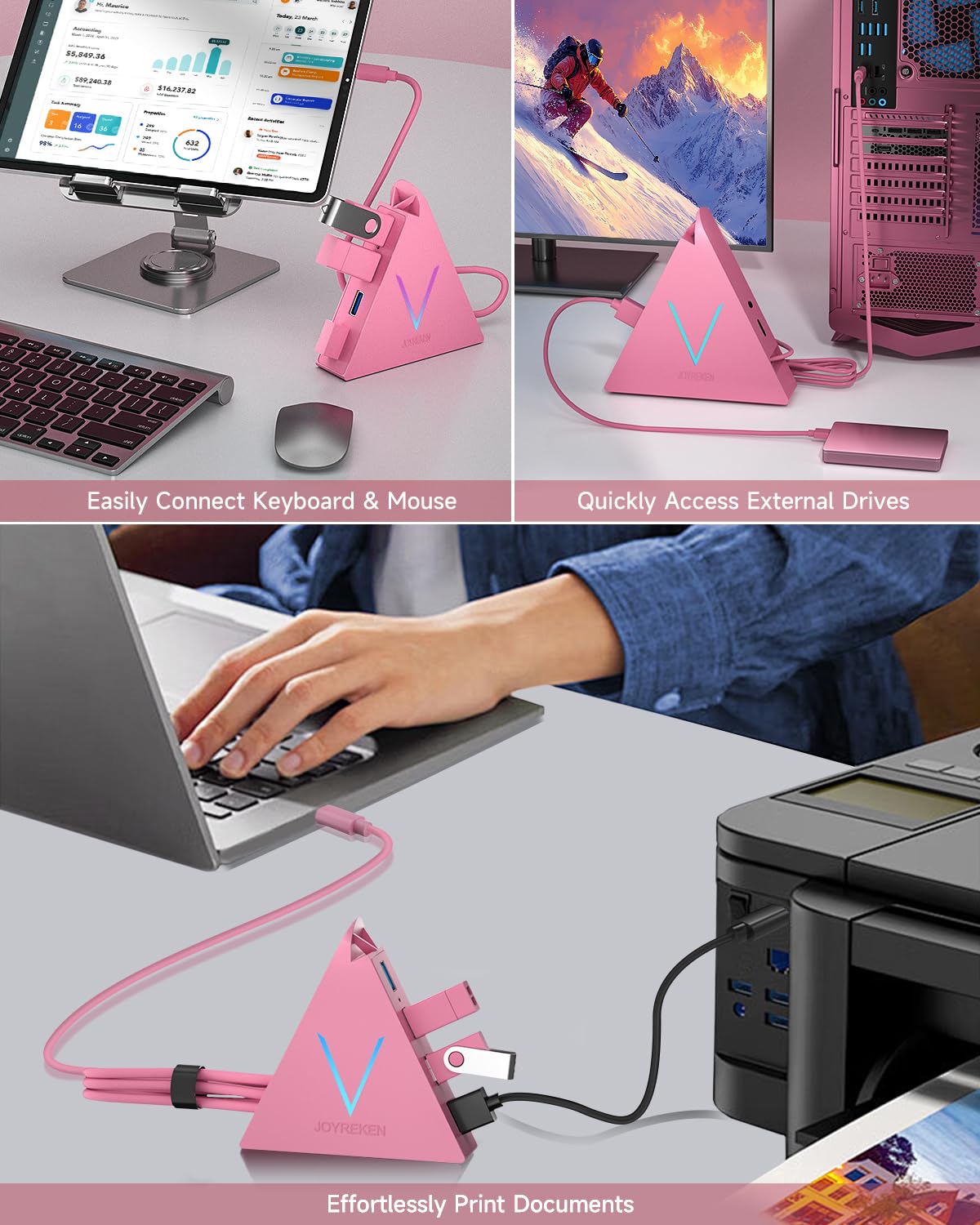 4-Port USB 3.0 Hub, FlyingVHUB Vertical Data USB Hub with 2 ft Extended Cable, for Mac, PC, Xbox One, PS4, PS5, iMac, Surface Pro, XPS, Laptop, Desktop, Flash Drive, Mobile HDD(Pink)