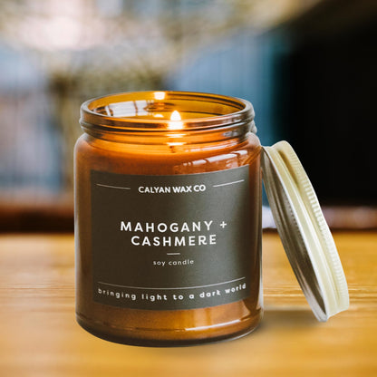 Calyan Wax Co. Mahogany & Cashmere Scented Candle - 57 Hour Burn - Luxury Clean Soy Wax Candles - Long Lasting Amber Glass Jar Candle for Home - 7.2oz