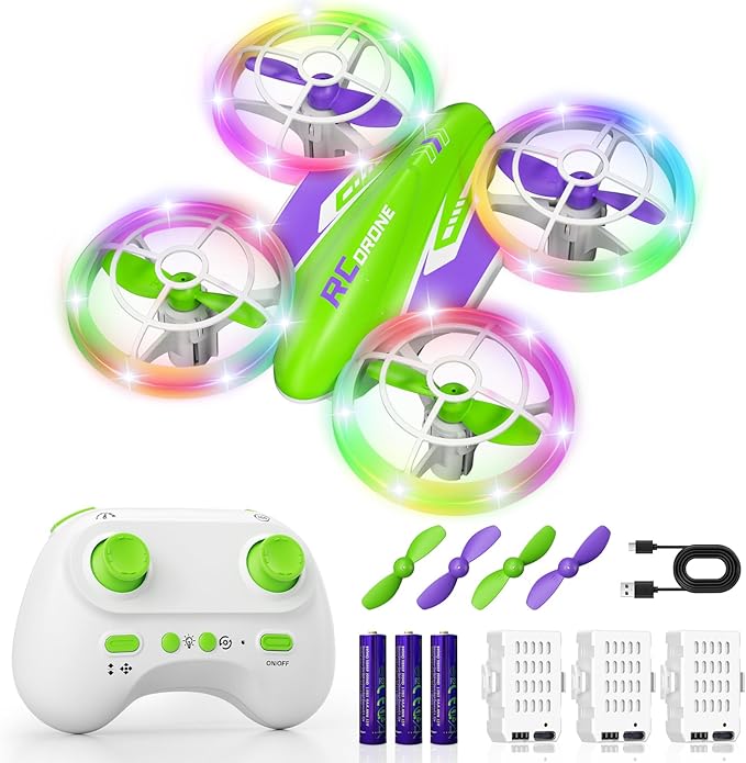 LED RC Drone for Kids 6+ Christmas Birthday Gift for Boys &amp Girls with Remote Batteries 360° Flip High Speed Mode 45 Min Flight Indoor and Outdoor Flying Toy - Green Purple