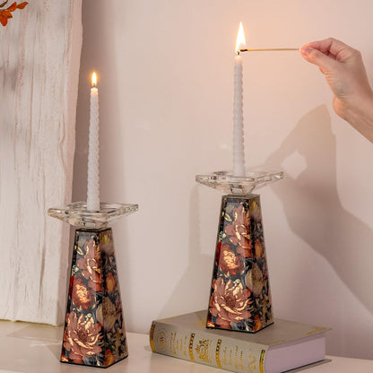 Timetrace Tall Glass Candlestick Holder with Floral Pattern,Candle Holder for Pillar, Single Piece Decorative Centerpiece for Living Room, Patio, Weddings - Decor for Dining Room