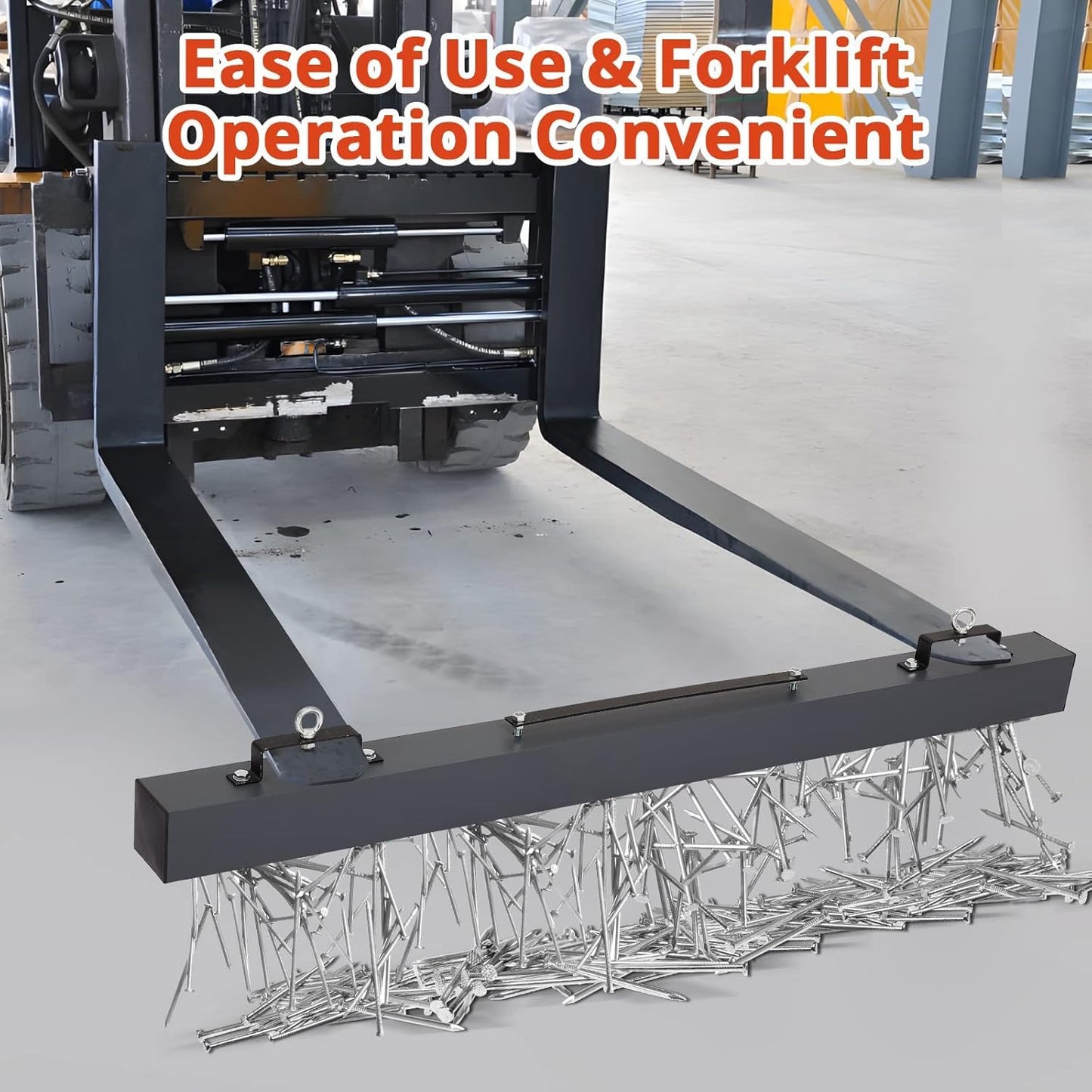 PioneerWorks 48 Inch Hanging Magnetic Sweeper, 120 LB Lifting Capacity Magnetic Nail Sweeper with Quick Release Lever, for Forklift Mounting on Construction Sites, Warehouses & Workshops