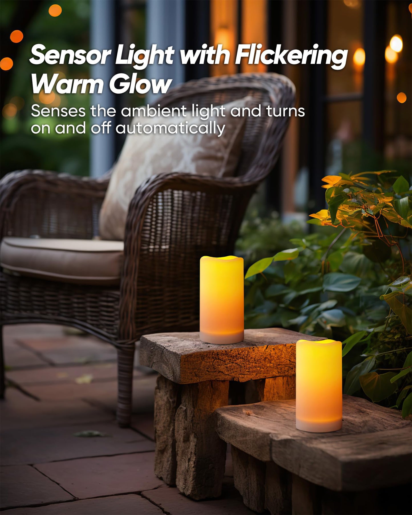 Homemory Solar Powered Candles Outdoor Waterproof, Flickering Glow, Rechargeable Candles, Solar Powered Candles for Outside, Lanterns, Sensor Only, Dusk to Dawn, Set of 3