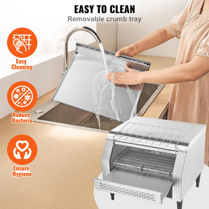 VEVOR 1770W Commercial Conveyor Toaster, 450 Slices per Hour, Heavy Duty Electric Toaster Oven, Food-Grade 304 Stainless Steel Conveyor Belt, Dual Knob Control, for Restaurant Bakery Bread Bagel Bun
