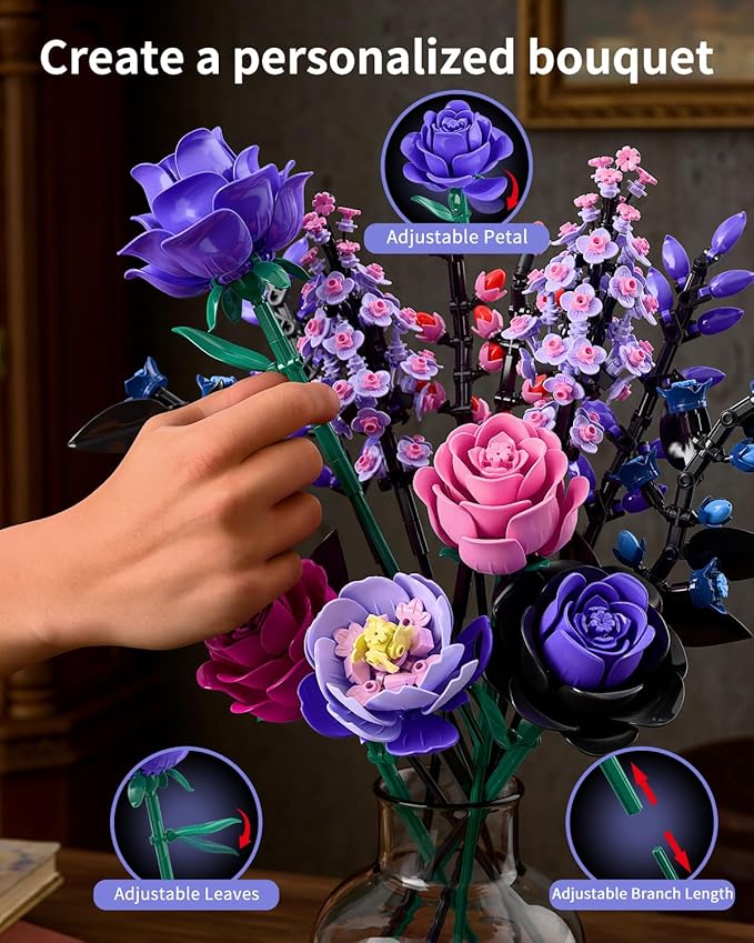 Flowers Bouquet Building Set - Purple Roses Botanical Collection Building Blocks for Adult Women Artificial Flowers Gothic Home Decor Mother's Day Birthday Gift for Adults Kids Girls 6-12 (806PCS)
