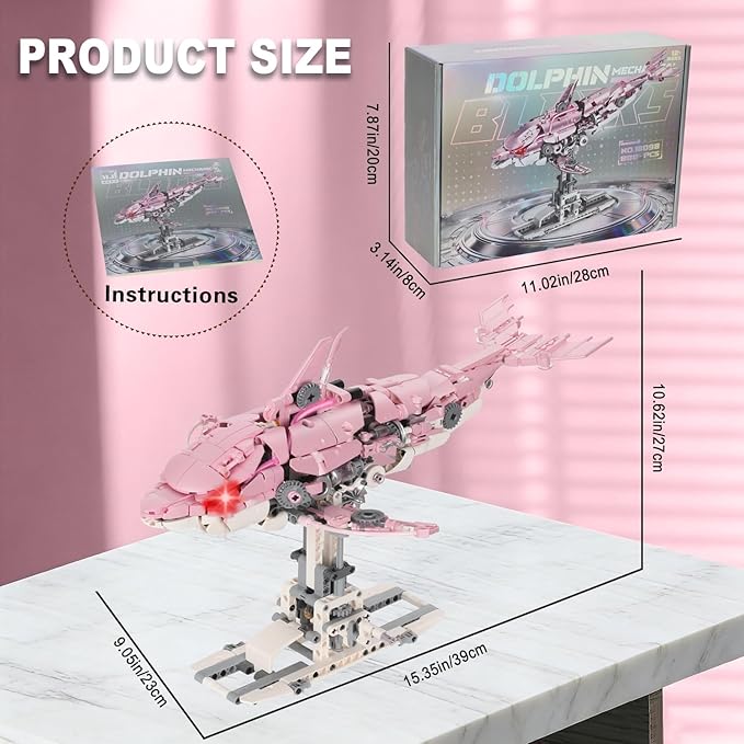 Mechanical Pink Dolphin Building Blocks Linkage Kit Sea Animal Model with Lighting Display Stand STEM Power Toy DIY Desktop Ornament for Kids &amp Adults Ages 12+ Birthday Gift Idea 888pcs
