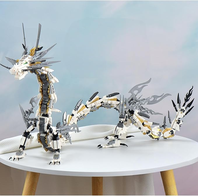HIGH GODO Dragon Building Blocks Sets for Adults White Mechanical Dragon Animal Building Model Collectible Display Toys Cool Creative Gifts for Teens Fans (1485 Pieces)