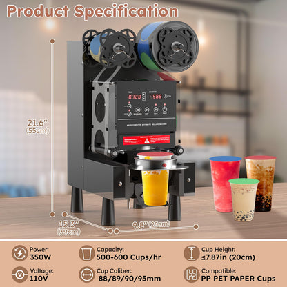 BriSunshine Cup Sealing Machine, Full Automatic Cup Sealer, 88/89/90/95 mm Electric Boba Machine, 600 Cups/H, Plastic & Paper Cups for Bubble Boba Tea Coffee Juice (Sealing Film Excluded)