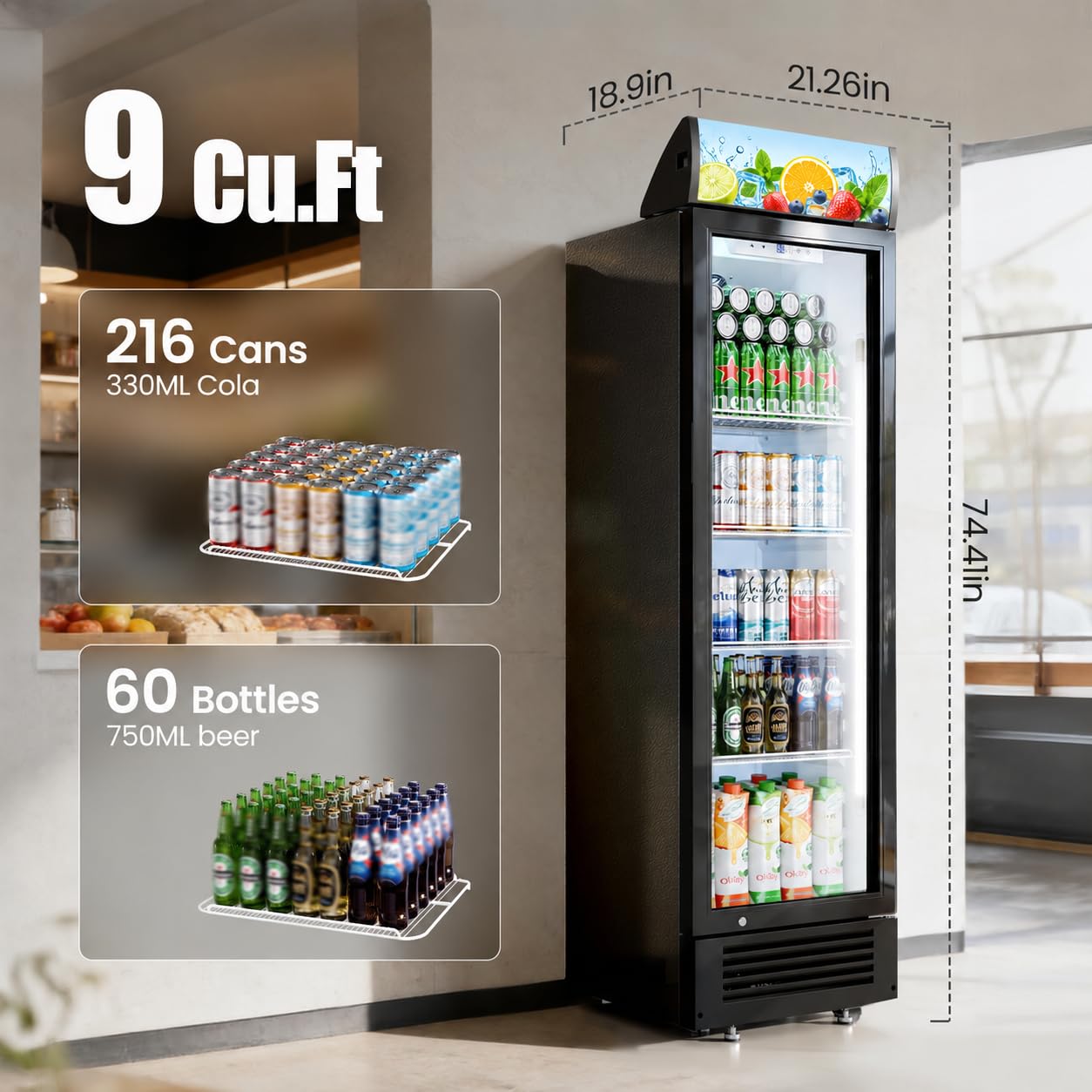Kismile 9.1 Cu.Ft Large Commercial Refrigerator with Customizable Lightbox, Display Fridge with Wheels, Lock & Key, Double-Tempered Glass Beverage Refrigerator for Bar, Restaurant, Outdoor