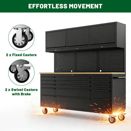 DOMINEVA 72-inch Heavy Duty Tool Chest & Rolling Workbench with 15 Drawers,3 Upper Cabinet,Pegboard & Power Strip, for Garage, Shop, Workshop Use,Black
