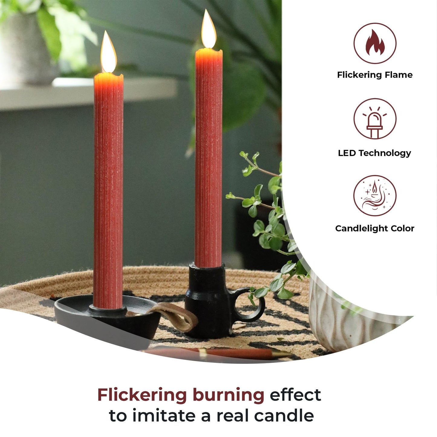 comforder Flameless Taper Candles – Flickering LED Flame with 6H Timer – Real Wax, Ribbed Design – Battery Operated Set of 2 – 10" Tall (Burgundy Red)