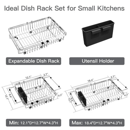MAJALiS Dish Drying Rack Over The Sink, Expandable Stainless Steel Dish Drainer for Small Kitchen Counter Space Saving, RV Compact Plate Strainer In Silver Metal with Hanging Adjustable Utensil Holder