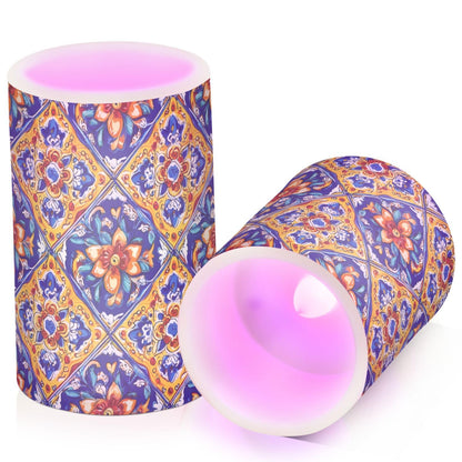 Flameless Candles Battery Operated Vintage Mexican Talavera Ceramic Tiles Flickering Led Pillar Candles With Remote Control Ethnic Flowers Pottery Colour Changing Warm Light Candles For Wedding Hall