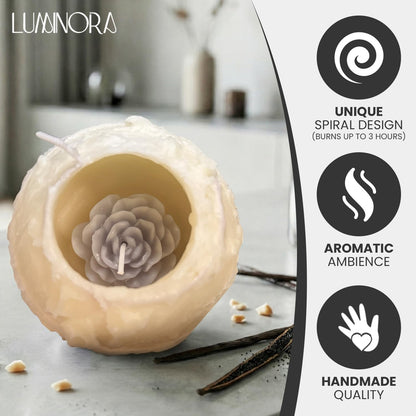 Spiral Candle with Hollow Round Design, Sculptural Wax Decor Gift, Unique Wick Flame Path, Modern Accent Piece for Shelf, Table, Mantel, and Entryway Display Set (Yellow, Vanilla Scented) - LUMINORA
