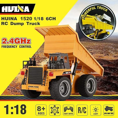 Remote Control Construction Dump Truck Toy 2.4G RC 6 Channel Bulldozer 4 Wheel Driver Mine Construction Alloy Metal Vehicle Truck 1:18 with 2 Rechargeable Batteries for Boys Birthday Gift Age 6+