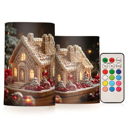 WEVIBOFU Gingerbread House Flickering Flameless Candles LED Battery Operated with Remote Timer Pillar Candles for Home Birthday Wedding Christmas Decor, Set of 2