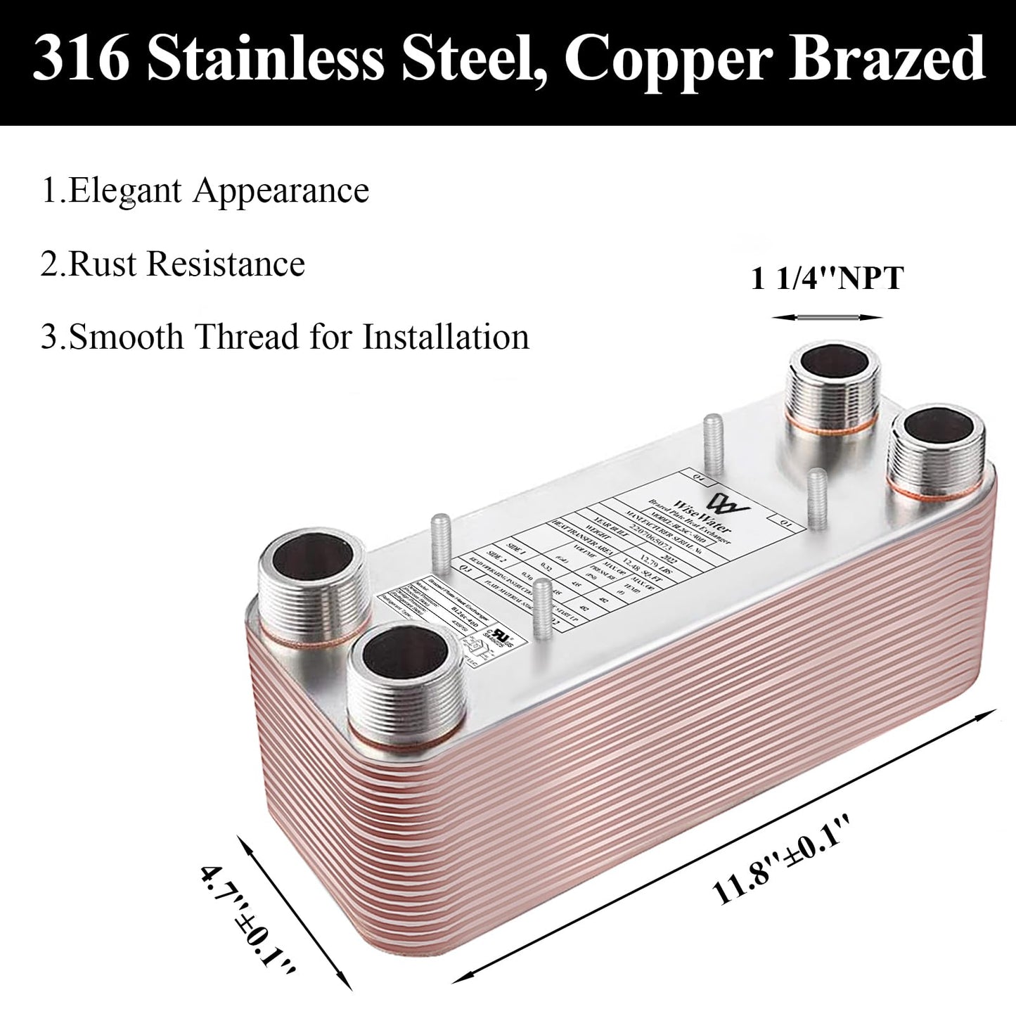 AB Plate Heat Exchanger, 5"x12" 80 Plates Water To Water Heat Exchanger, Copper/SS316L Stainless Steel Brazed Plate Heat Exchanger For Floor Heating, Water Heating, Snow Melting