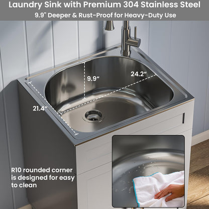 ANCTOR 24 Inch Laundry Sink with Cabinet, Stainless Steel Utility Sink Cabinet with Pull-Out Hot/Cold Faucet Metal Hooks Freestanding Deep Utility Sink for Laundry Utility Room Kitchen Garage