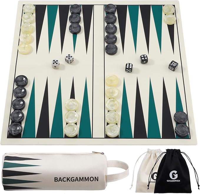 Backgammon Set Premium Silicone Backgammon Classic Board Games for 2 Players Foldable Backgammon Portable Travel Game Set with Carrying Storage Bag (Green)