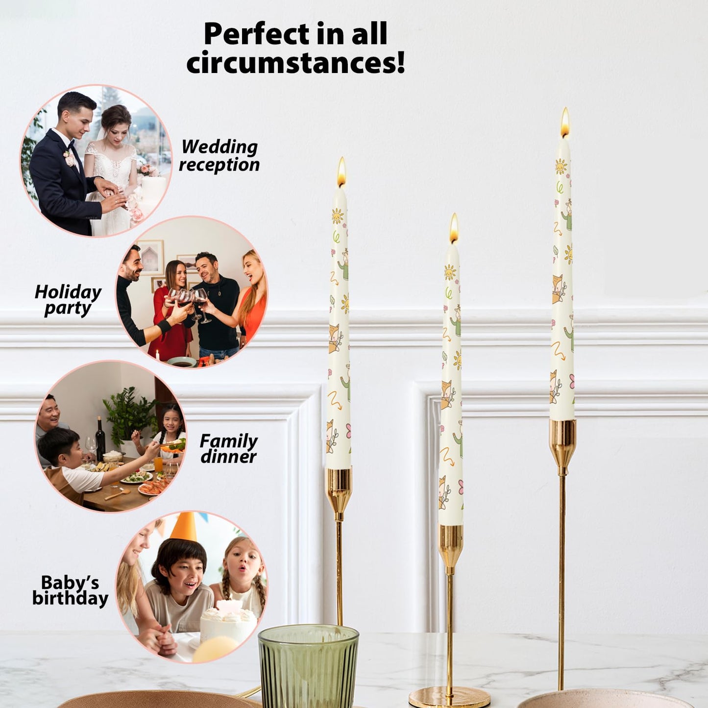 6 Pack Printed Taper Candles, 10 Inch Ivory Candlesticks with Cute Cartoon Animals Pattern, Unscented Tapered Candles, Dripless and Smokeless Decorative Candles for Elegant Dining