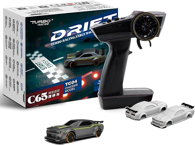 Turbo Racing 1:76 Scale Drift RC Car with Gyro Mini Full Proportional RTR 2.4GHZ Remote Control with 2 Replaceable Body Shell (C65-GREY)
