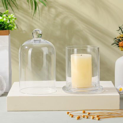 EXCEART Glass Cloche 2 Sets Clear Glass Dome Candle Glass Jar Cloche Dome Bell Jar Candle Cover Display Wedding Decoration Ornament Clear