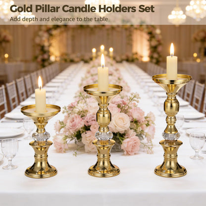 3 Pcs Gold Pillar Candle Holders Set, Elegant Metal Crystal Candlestick Stands, Gourd Shape Wedding Centerpieces Decor, Weighted Base Tabletop, 5.91-8.46 in Tall