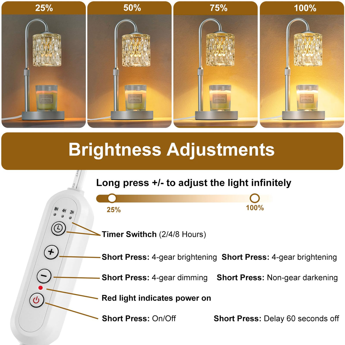 Briever Dimmable Candle Warmer Lamp with Timer, Height Adjustable Electric Candle Wax Warmer, Christmas Birthday Gifts for Women Mom, House Warming Gifts New Home Room Decor, Silver Solid Wood Base