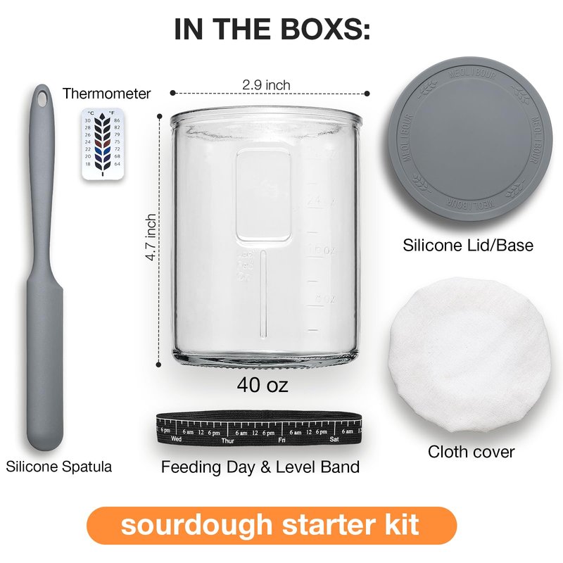 Premium Pro Sourdough Starter Jar Kit - 40oz Large Wide Mouth Sourdough Bread Jar with Marked Feeding Band, Thermometer, Scraper, Cloth Cover and Silicone Lid/Base, Glass Container, Baking Supplies