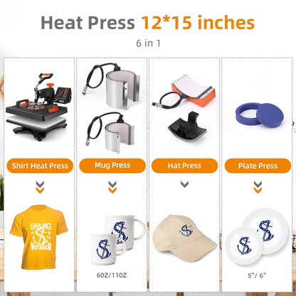 Garvee Heat Press Machine, 12 X 15 in Heat Transfer Machine, 360°Swing Away, 6 in1 Heat Press, 800W Sublimation Machine, Digital Industrial-Quality Shirt Pressing Machine for Hat, Cap, Mug, Plate