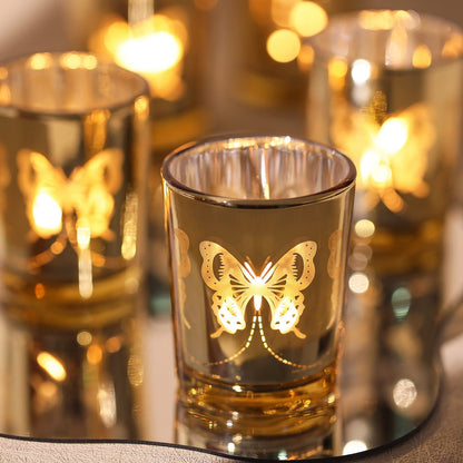 Gold Votive Candle Holders Set, 12 PCS Tea Lights Holder Decorative Bulk with Butterfly Pattern, Candle Holders for Wedding Table, Birthday, Home Decor, Party Supply