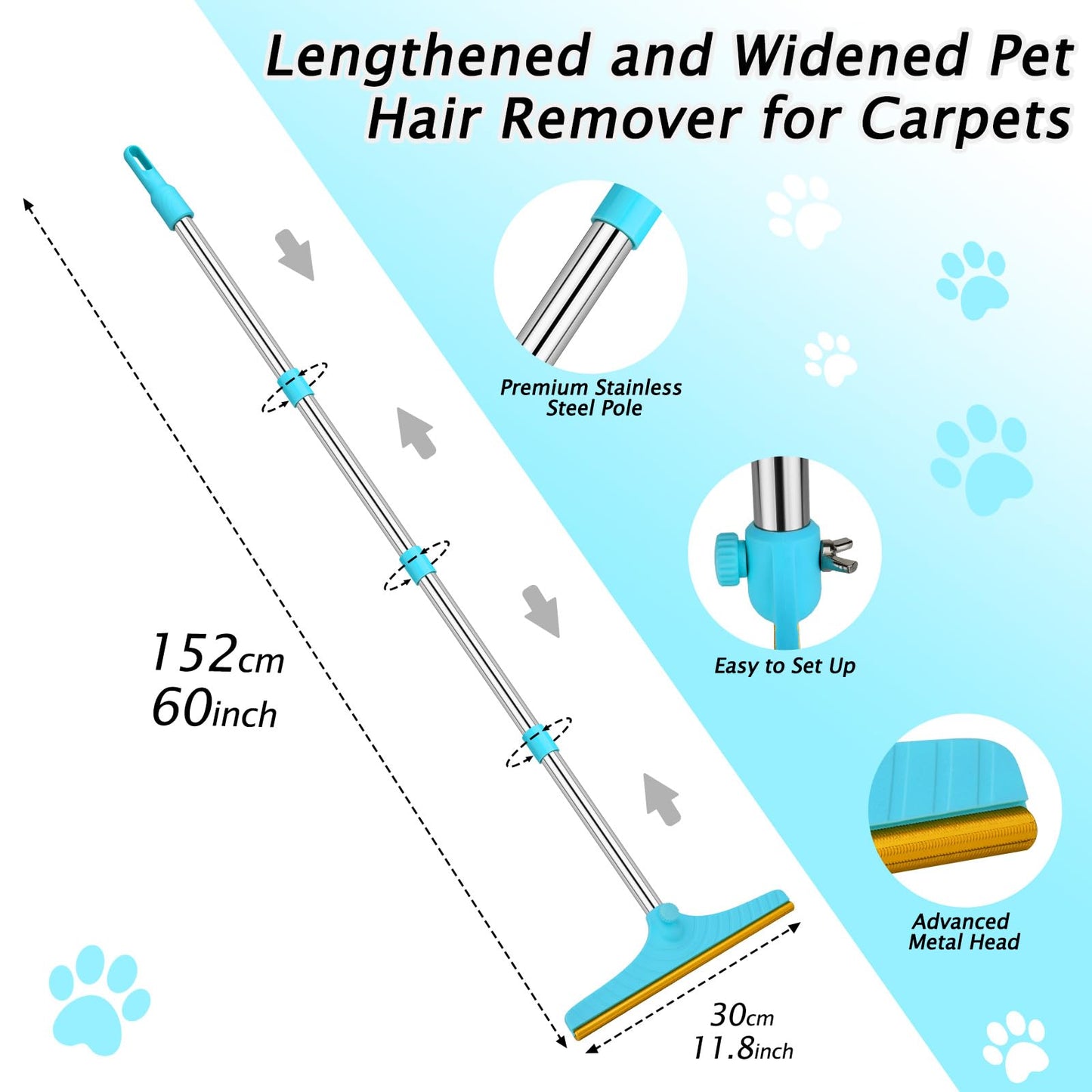 Eaersan Carpet Rake for Pet Hair Removal - Reusable Pet Hair Remover, 60” Adjustable Long Handle Cat Dog Carpet Rake Scraper, Dog Hair Rake Brush for Rugs, Mats, Couch, Furniture