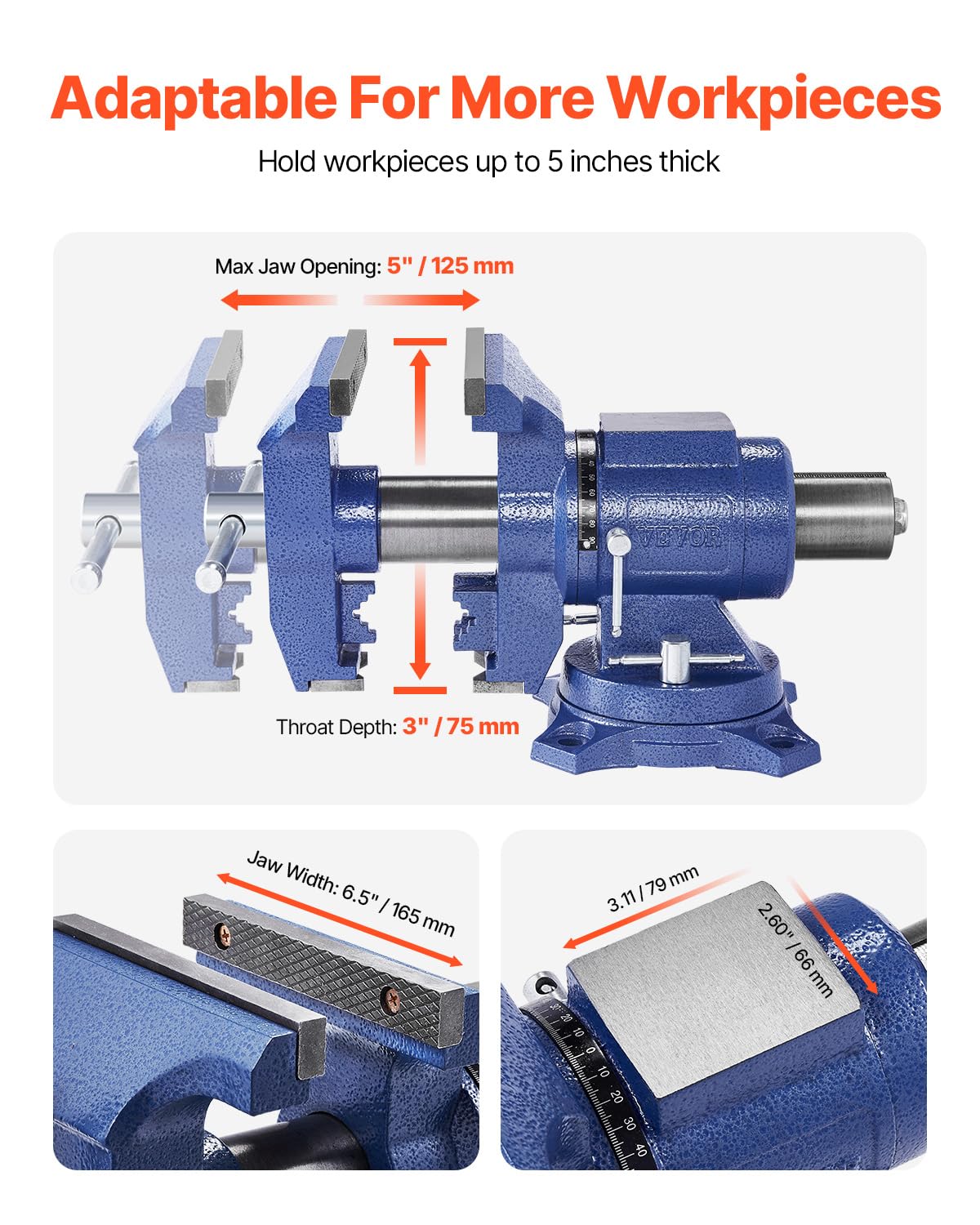 VEVOR Heavy Duty Bench Vise, 6.5 Inch Jaw Width, 5 Inch Max Opening, Multi-Purpose Ductile Iron, Anvil, 360° Swivel Base, 5620 Lbs Clamp Force