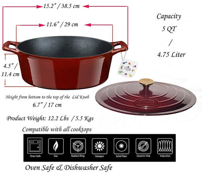 La Cuisine Enameled Cast Iron Oval Dutch Oven Casserole Dish Pot with Lid 5 QT Internal Matt Black Enamel Coating, Cranberry, Gold-Plated Stainless Steel Lid Handle, Oven Safe