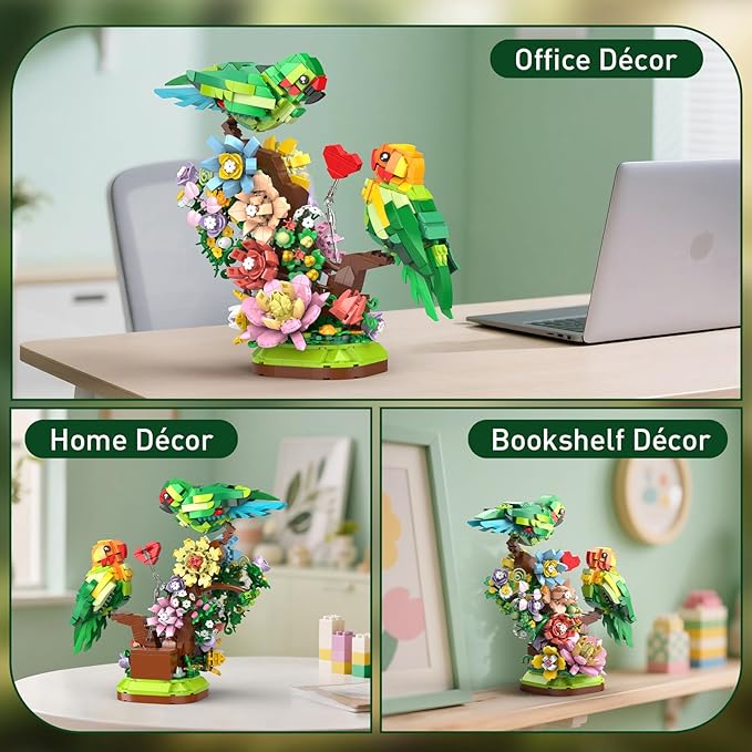 Flowers &amp Love Bird Building Set for Adults Flower Parrot Botanicals Decor Model Kit with LED Animal Toys Gifts Ideas for Adults and Teens Age 14+ (1050 PCS)