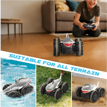 SIMREX Shark Amphibious Remote Control Car - Gift for Kids Boys Girls 4WD Waterproof RC Car 360° Stunt Dual Remote Control 50m Long Range 2 Rechargeable Batteries (Silver)