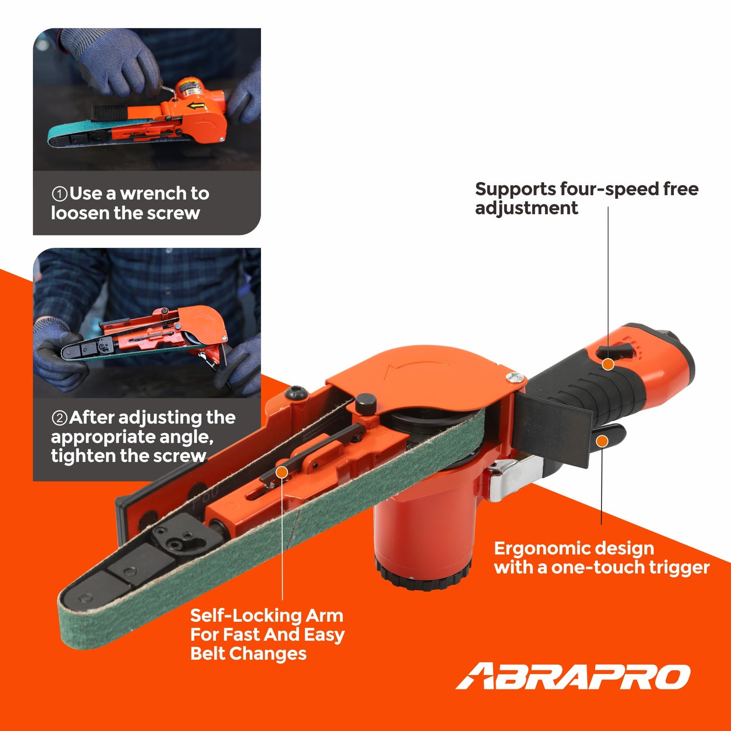 ABRAPRO 3/4" x 20.5" Air Belt Sander with 12Pcs Zirconia 40/60/80/120 Grit Belts, Mini Pneumatic Belt Sander for Woodworking, Iron, Metal, stainless steel