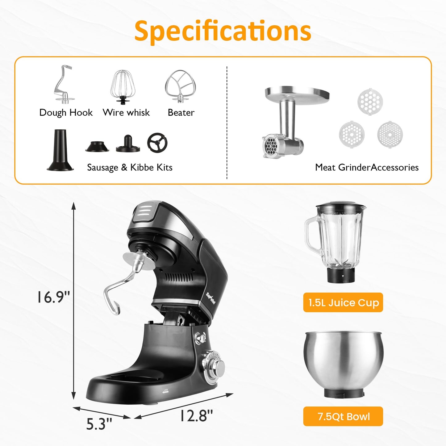 Sunvivi 6-in-1 Multifuctional Stand Mixer, 6.5QT Tilt-Head Dough Mixer, Electric Stand Mixer with Stainless Steel Bowl for Cake, Bread, and Dough, with Meat Grinder, Juice Blender & Pasta Maker