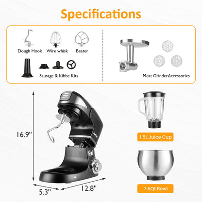 Sunvivi 6-in-1 Multifuctional Stand Mixer, 6.5QT Tilt-Head Dough Mixer, Electric Stand Mixer with Stainless Steel Bowl for Cake, Bread, and Dough, with Meat Grinder, Juice Blender & Pasta Maker