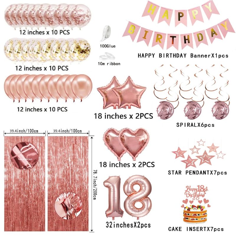 18th Birthday Decorations for Girls, Pink Rose Gold Happy 18 Birthday Banner Backdrop Balloons Table Cake Topper Honeycomb Centerpieces Hanging Swirls Paper Party Supplies