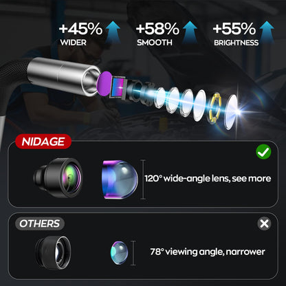 NIDAGE Two-Way Articulating Endoscope Camera with Light 7'' IPS Borescope with Articulated Snake Head and 5.3FT Cable 1080P Waterproof Industrial Inspection Camera for Auto Mechanics Wall