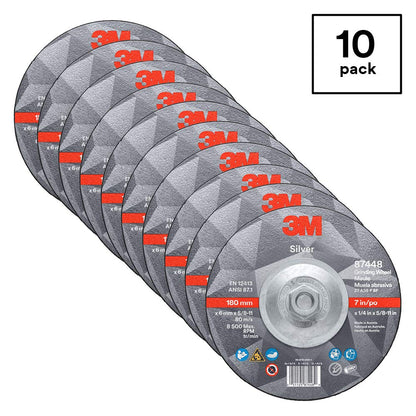 3M Silver Depressed Center Grinding Wheel, 87448, T27 Quick Change, 7 in x 1/4 in x 5/8 in-11, Pack of 10, Deburring Edges, Heavy Stock Removal, Stainless Steel, Mild Steel, Right Angle Grinding