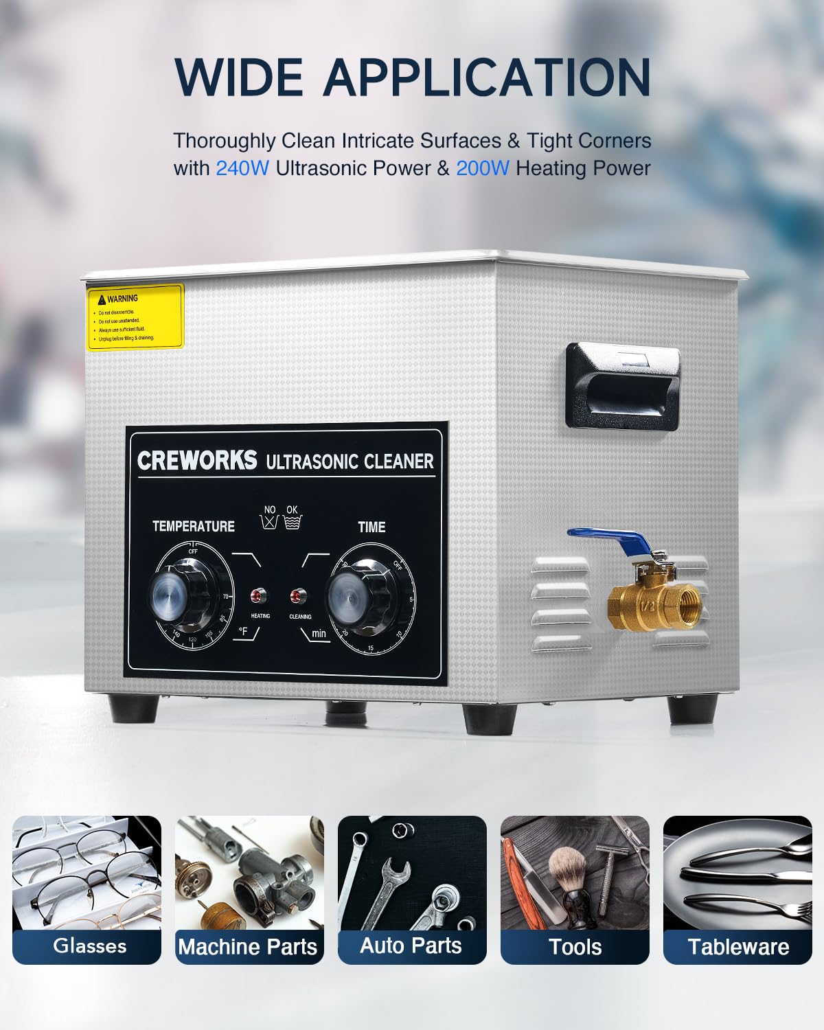 CREWORKS 10L Ultrasound Cleaning Machine with Heater and Timer, 240W Stainless Steel Ultrasonic Washing Machine, 2.6 gal Professional Ultrasound Parts Cleaning Machine for Lab Tool Glasses Auto Part