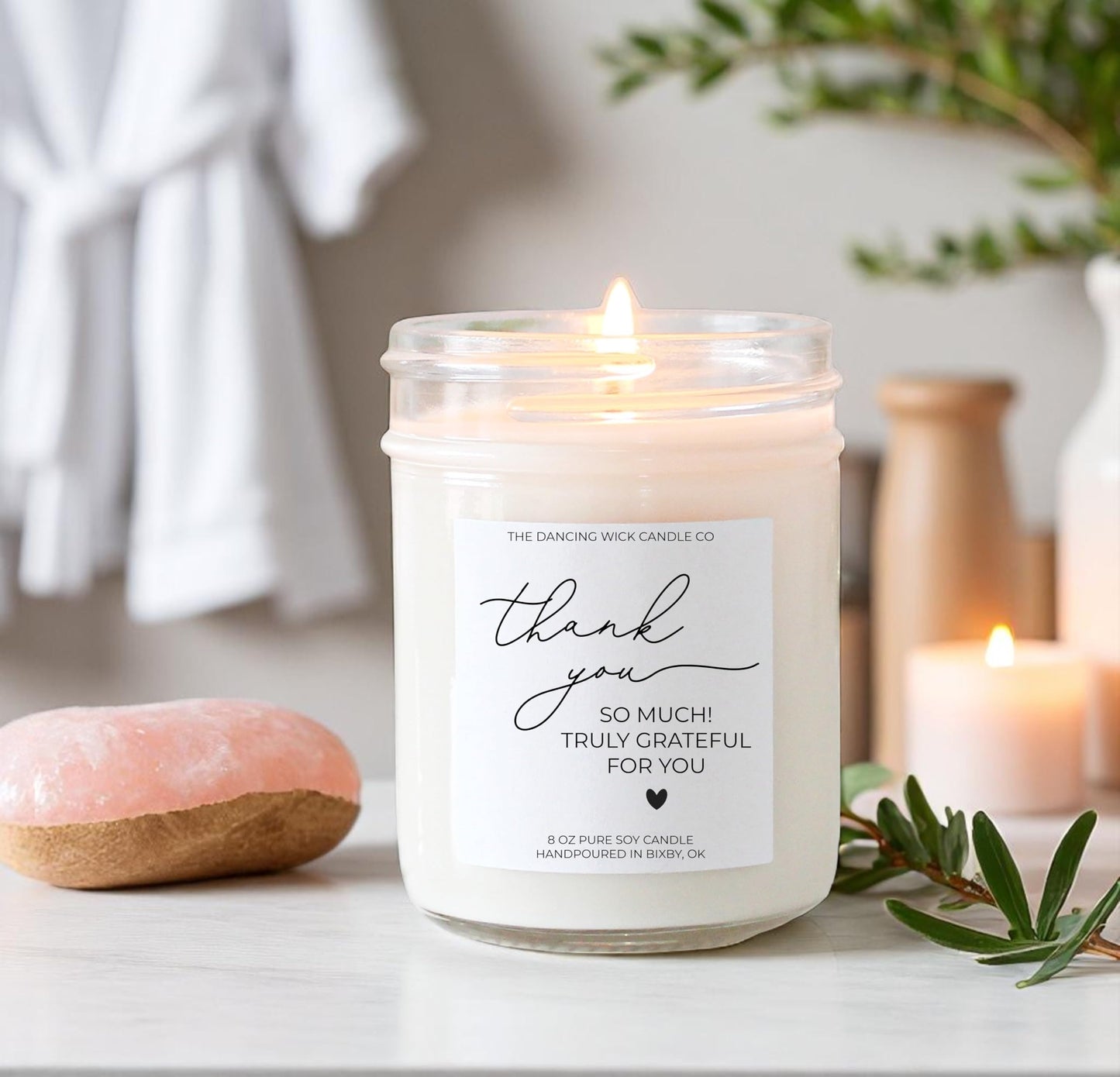 The Dancing Wick Candle – Thank You Candle – Eucalyptus & Tea Scented Soy Wax – Gratitude Gift – Appreciation, Coworker, Client, Hostess – 8 oz, Hand-Poured – Made in the USA (Thank You)