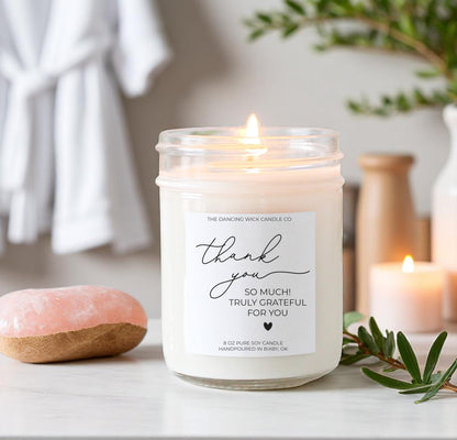The Dancing Wick Candle – Thank You Candle – Eucalyptus & Tea Scented Soy Wax – Gratitude Gift – Appreciation, Coworker, Client, Hostess – 8 oz, Hand-Poured – Made in the USA (Thank You)