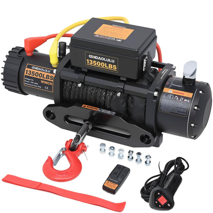 GINDAOLULU 12V Electric Winch,13500LBS Load Capacity Trailer Winches with Synthetic Rope Towing Winches for Jeep Truck SUV and More