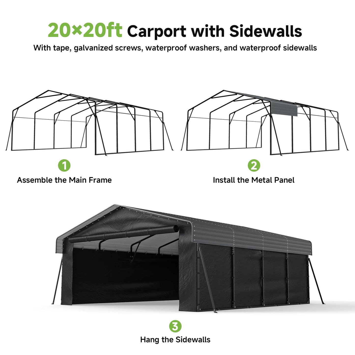 20x20FT Heavy Duty Metal Carport,Outdoor Garage with Removable Sidewalls & Doors, Heavy Duty Steel Frame and Galvanized Roof for Cars and Boats, Gray