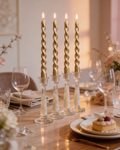 Viyffo Spiral Taper Candles 12 Inch – 4 Pack Gold, Dripless, Unscented, Smokeless – 9 Hour Burn – Tall Candlesticks for Wedding, Dinner, Holiday, Party, Home Decor