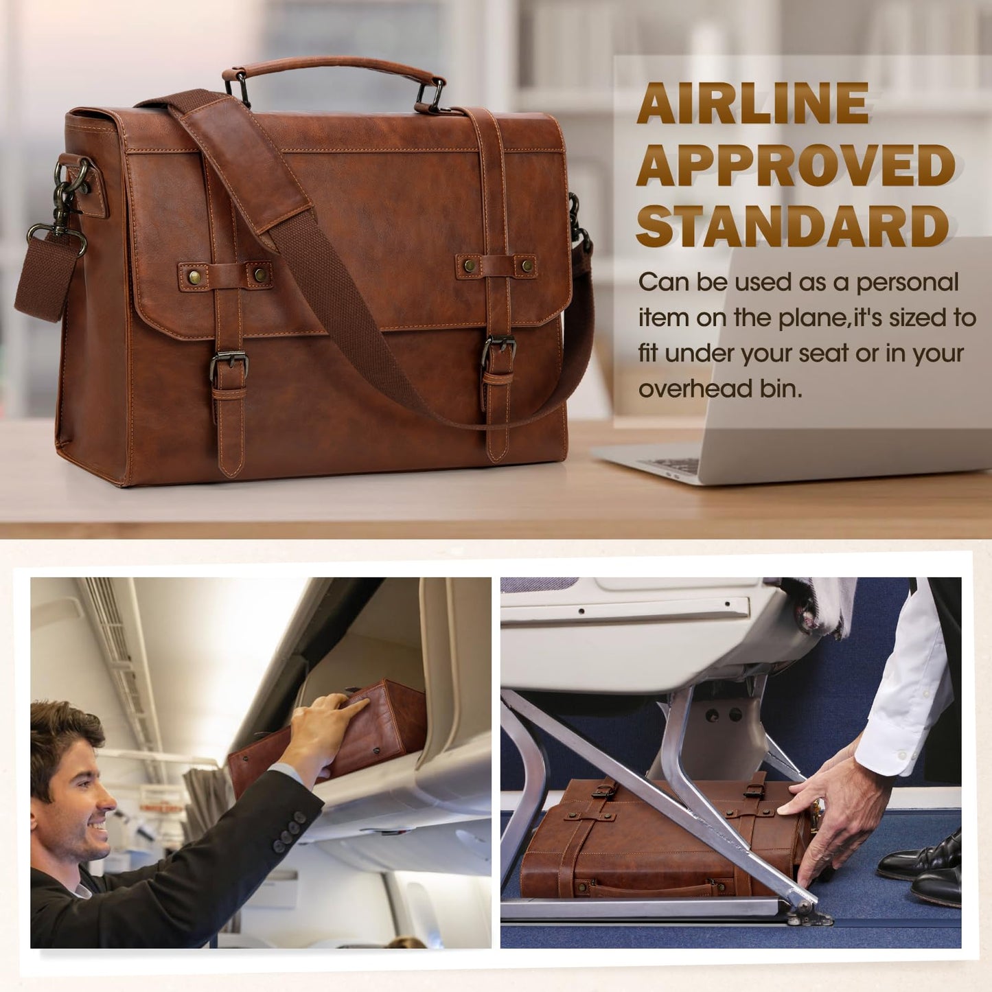 RAINSMORE Mens Messenger Bag 17 Inch Waterproof Vintage Leather Laptop Briefcase Large Laptop Bag Satchel Bag Computer Shoulder Bag for Office Business Travel College,Brown
